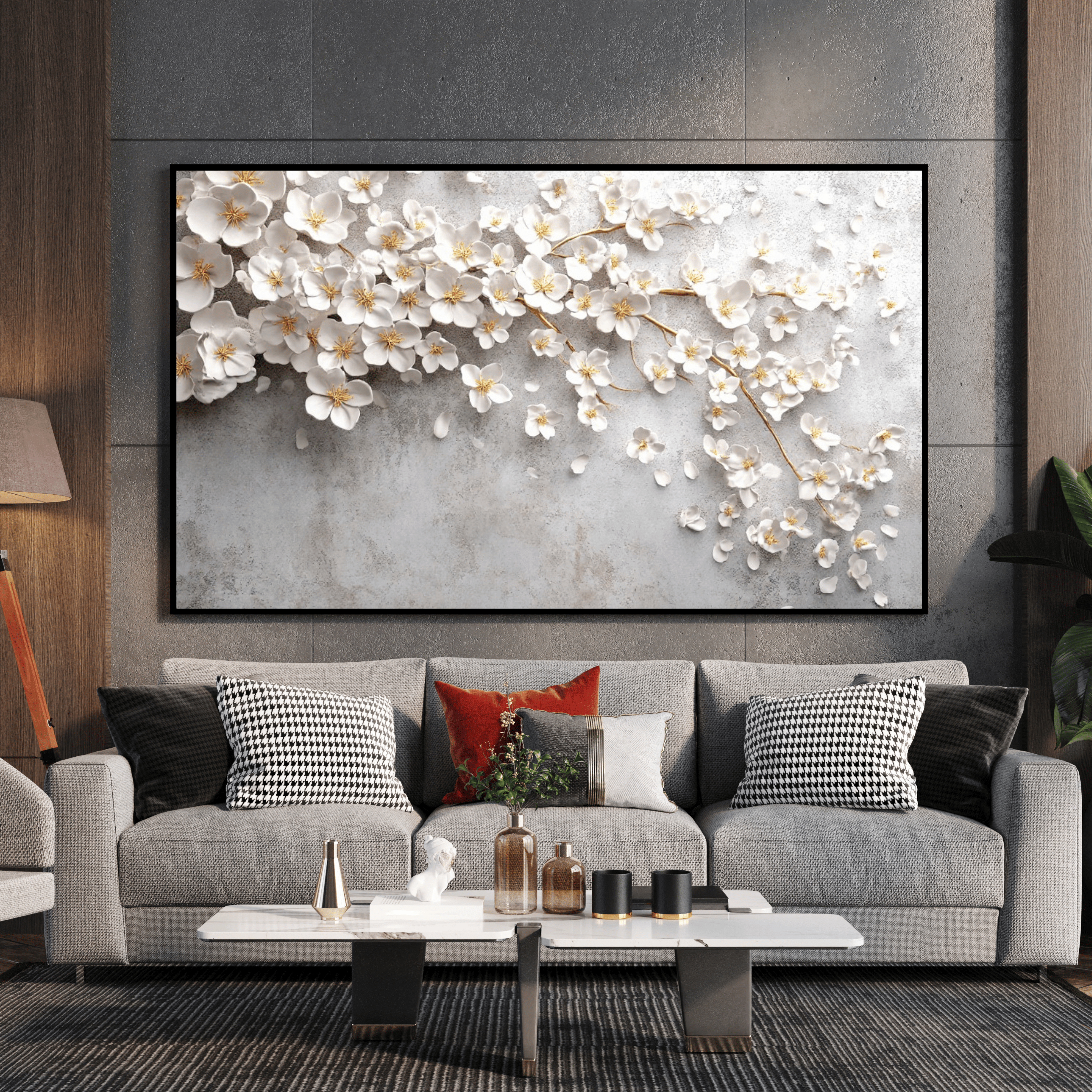 Tableau floral chic doré pour salon moderne Algérie