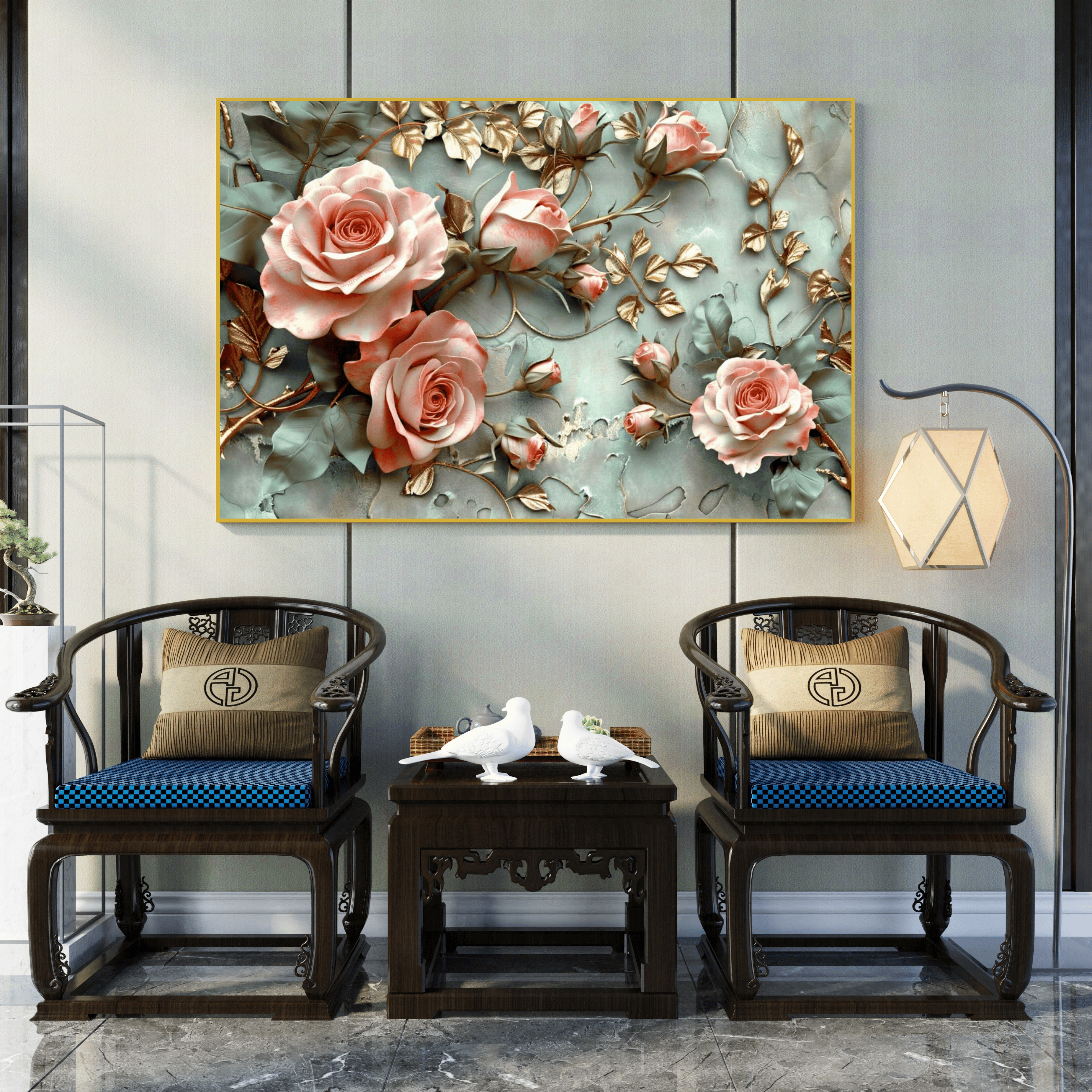 Décoration murale fleurs dorées style contemporain Algérie