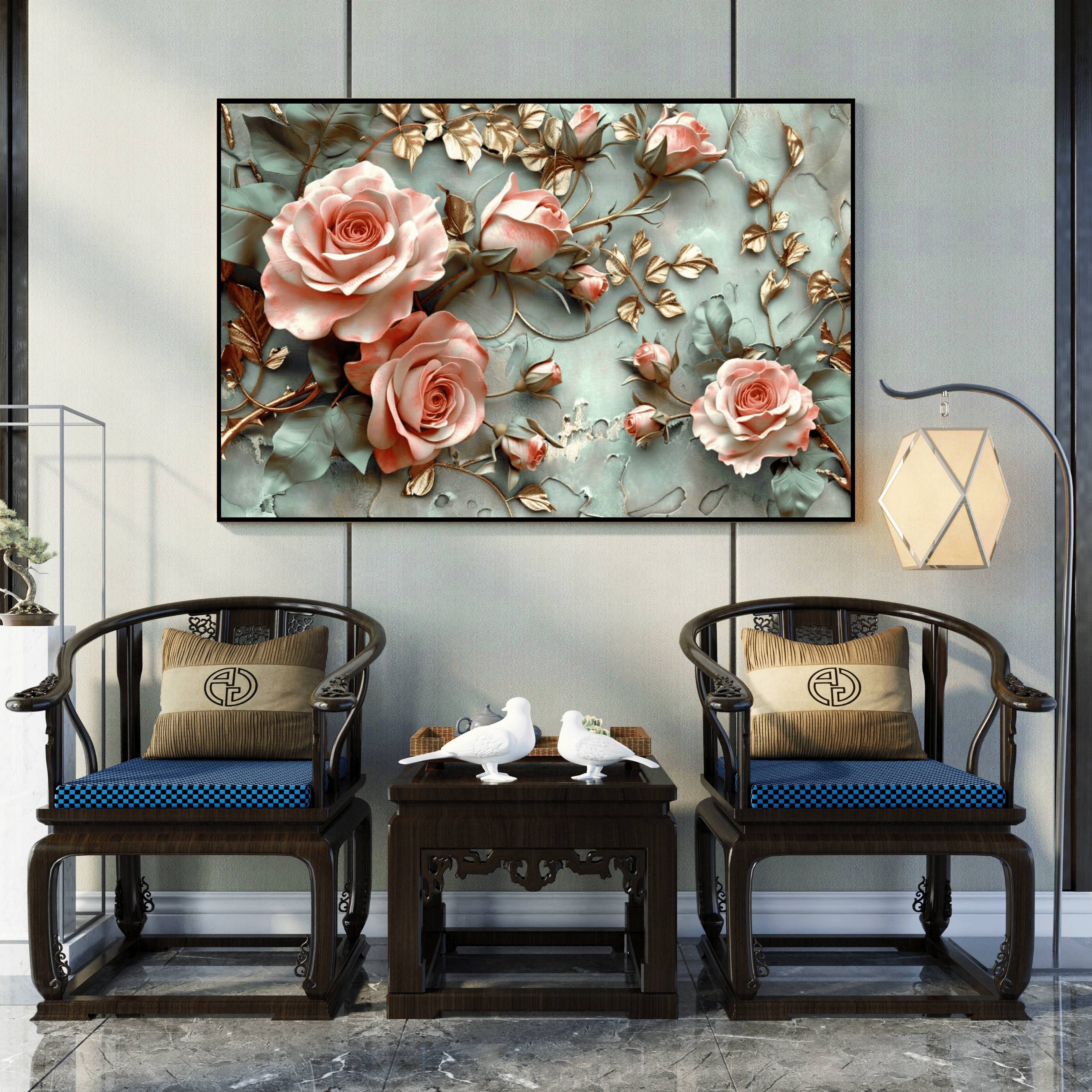 Tableau floral chic doré pour salon moderne Algérie