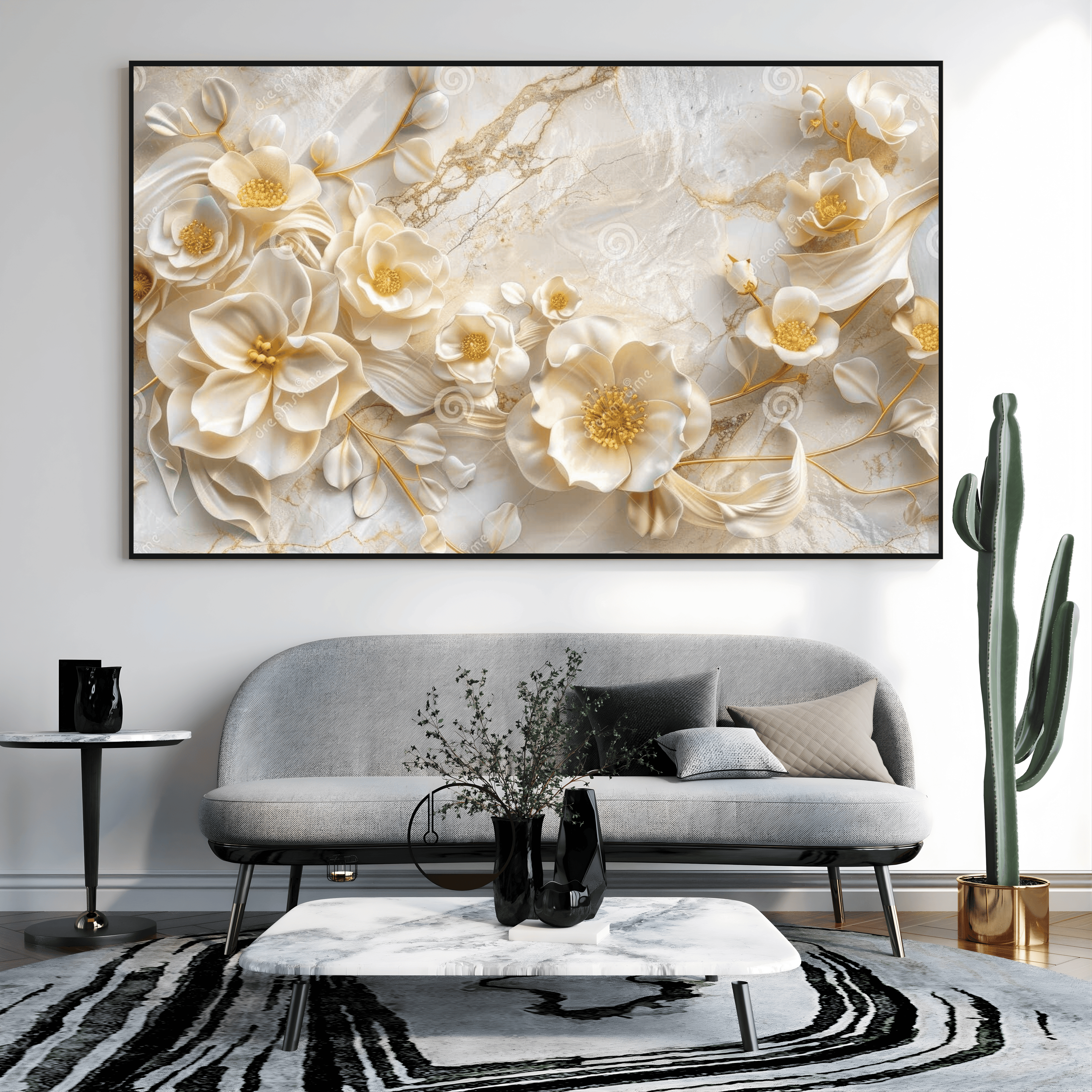 Toile artistique fleurs dorées design luxe intérieur Algérie