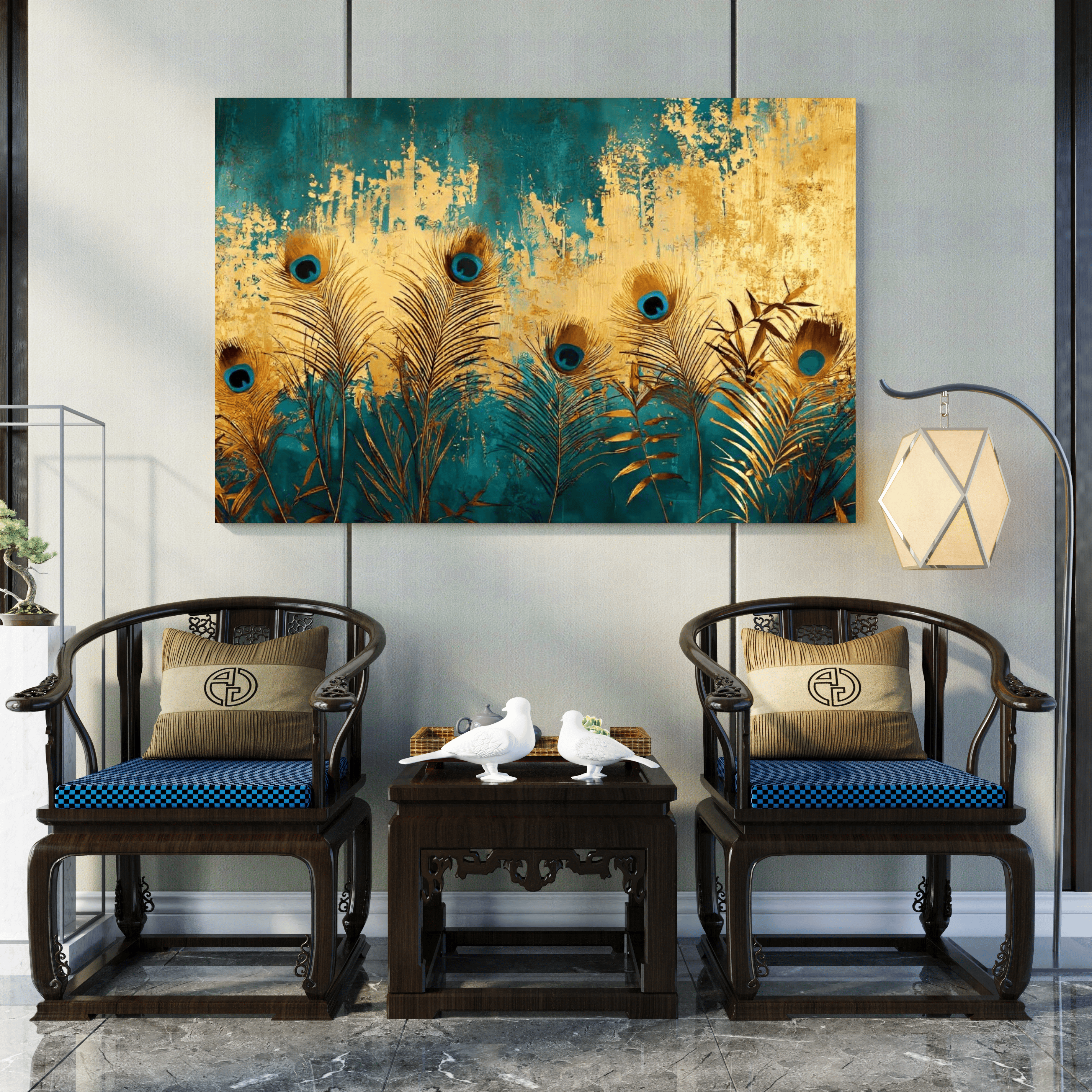 Tableau moderne floral or et bleu salon élégant Algérie