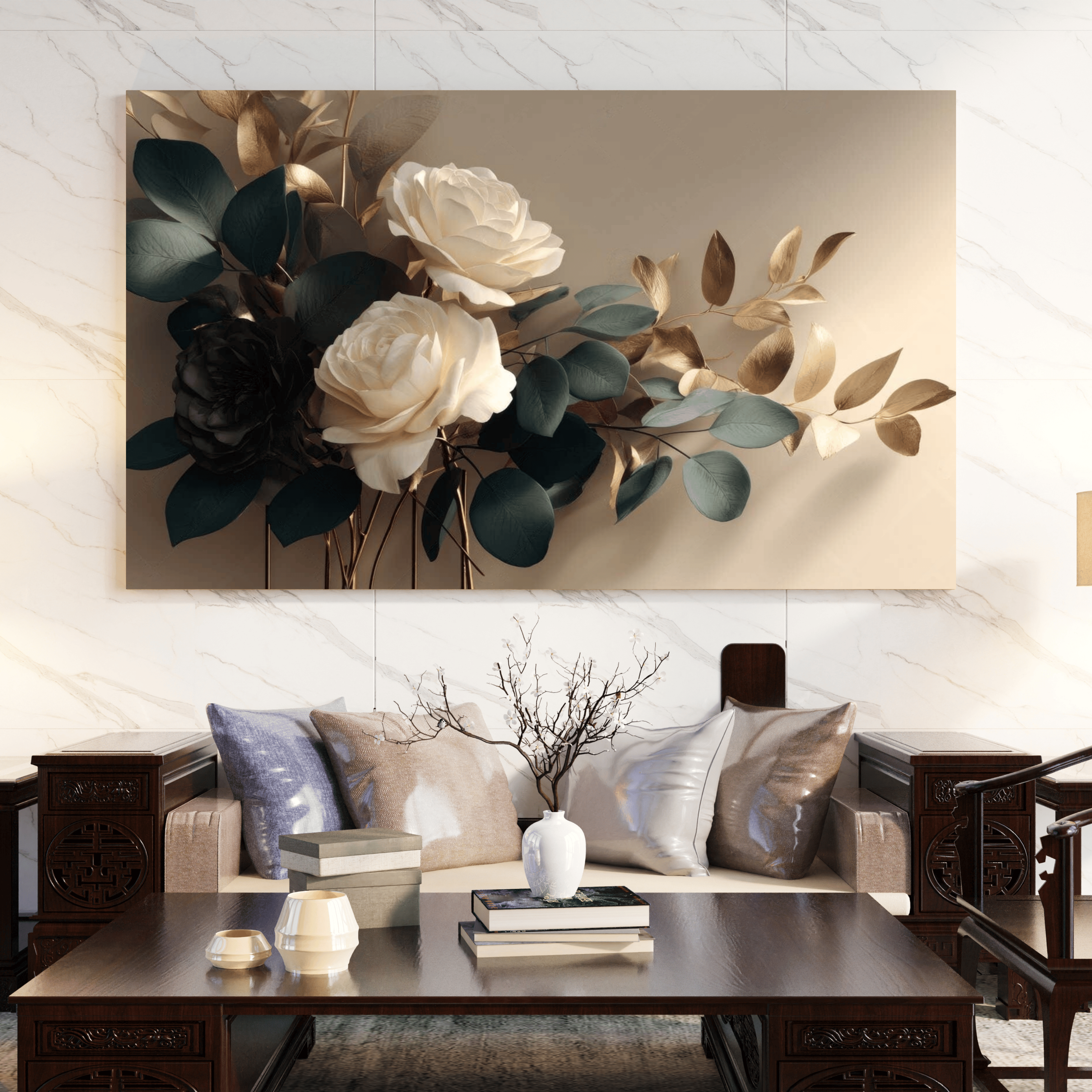 Tableau moderne floral or et bleu salon élégant Algérie