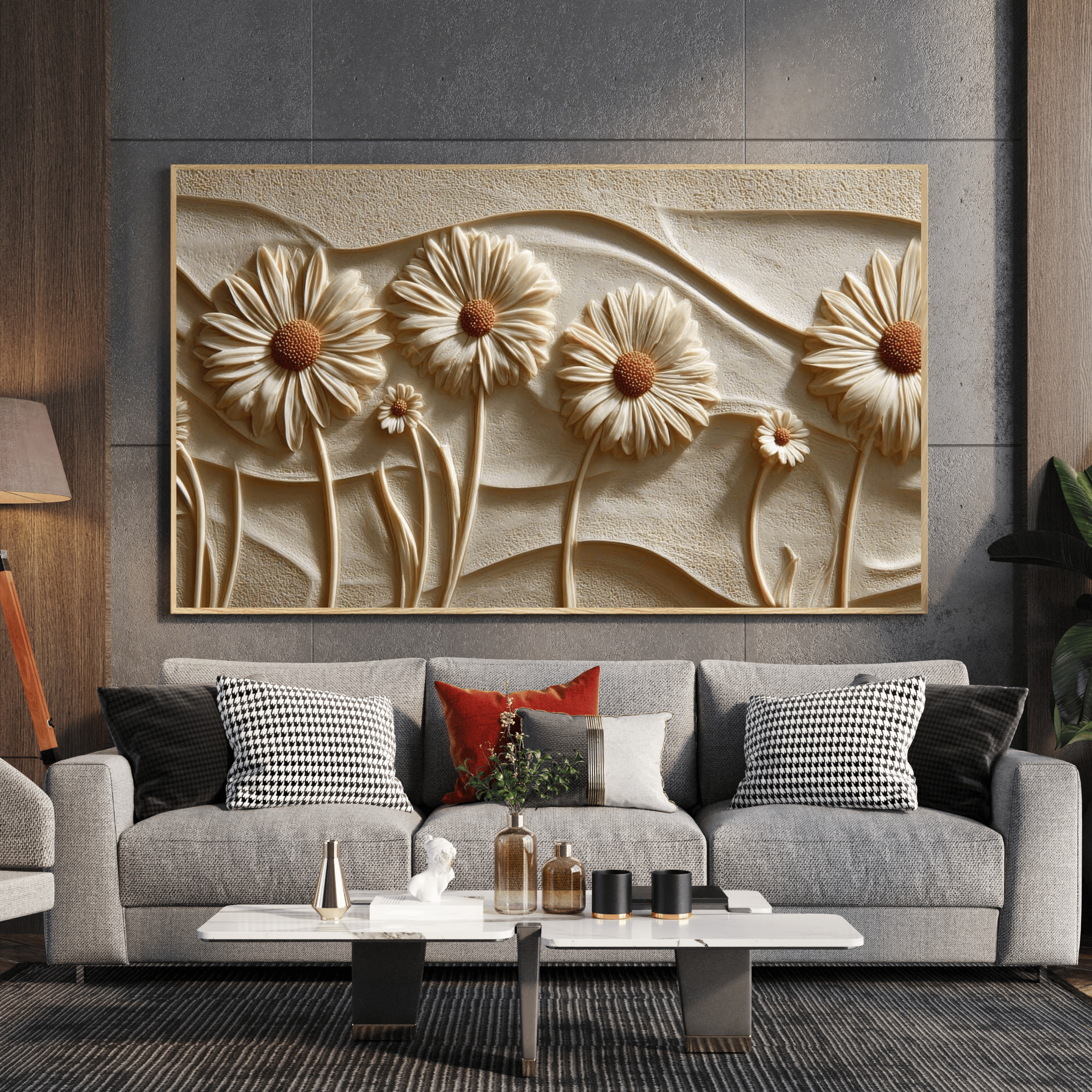 Tableau moderne floral or et bleu salon élégant Algérie