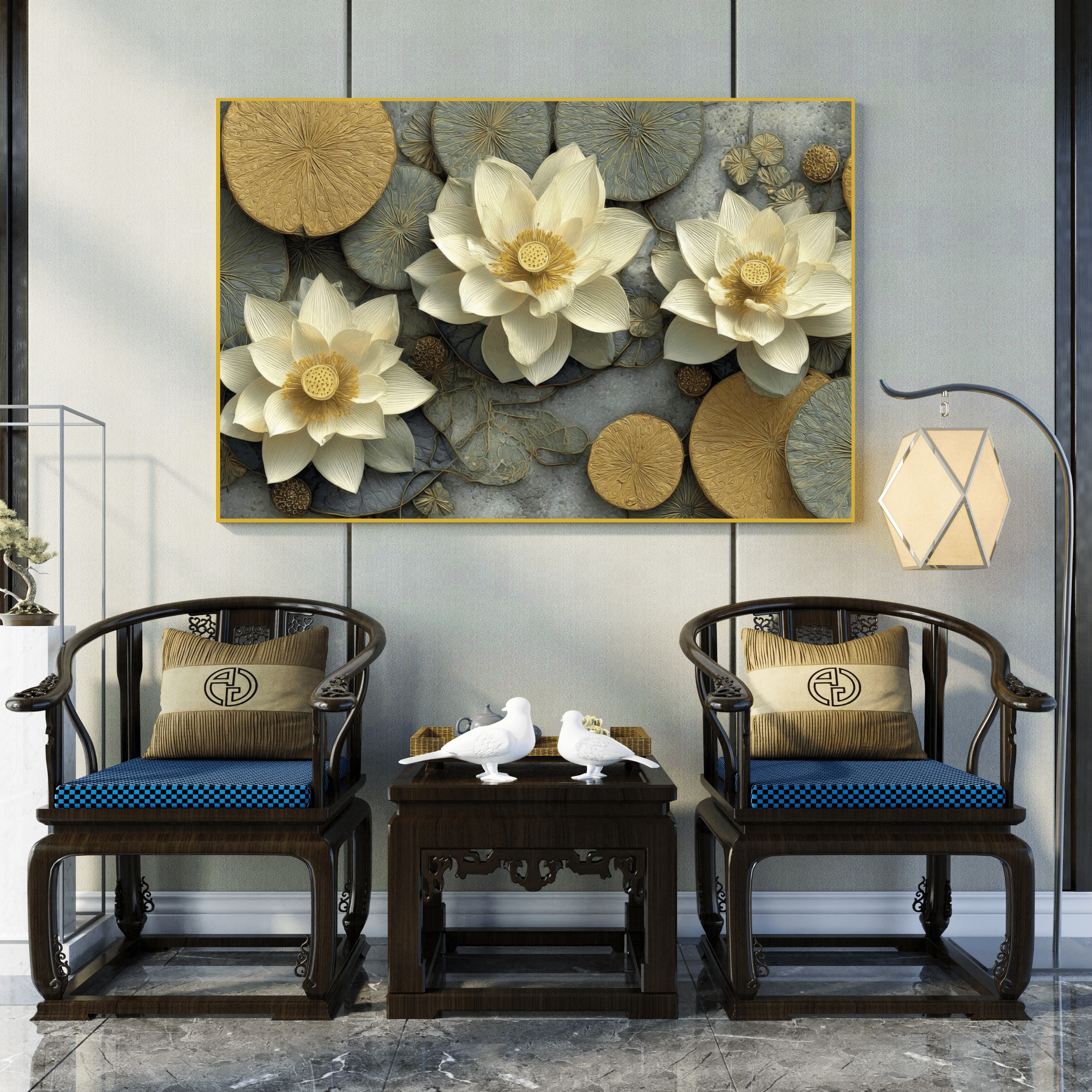 Toile artistique fleurs dorées design luxe intérieur Algérie