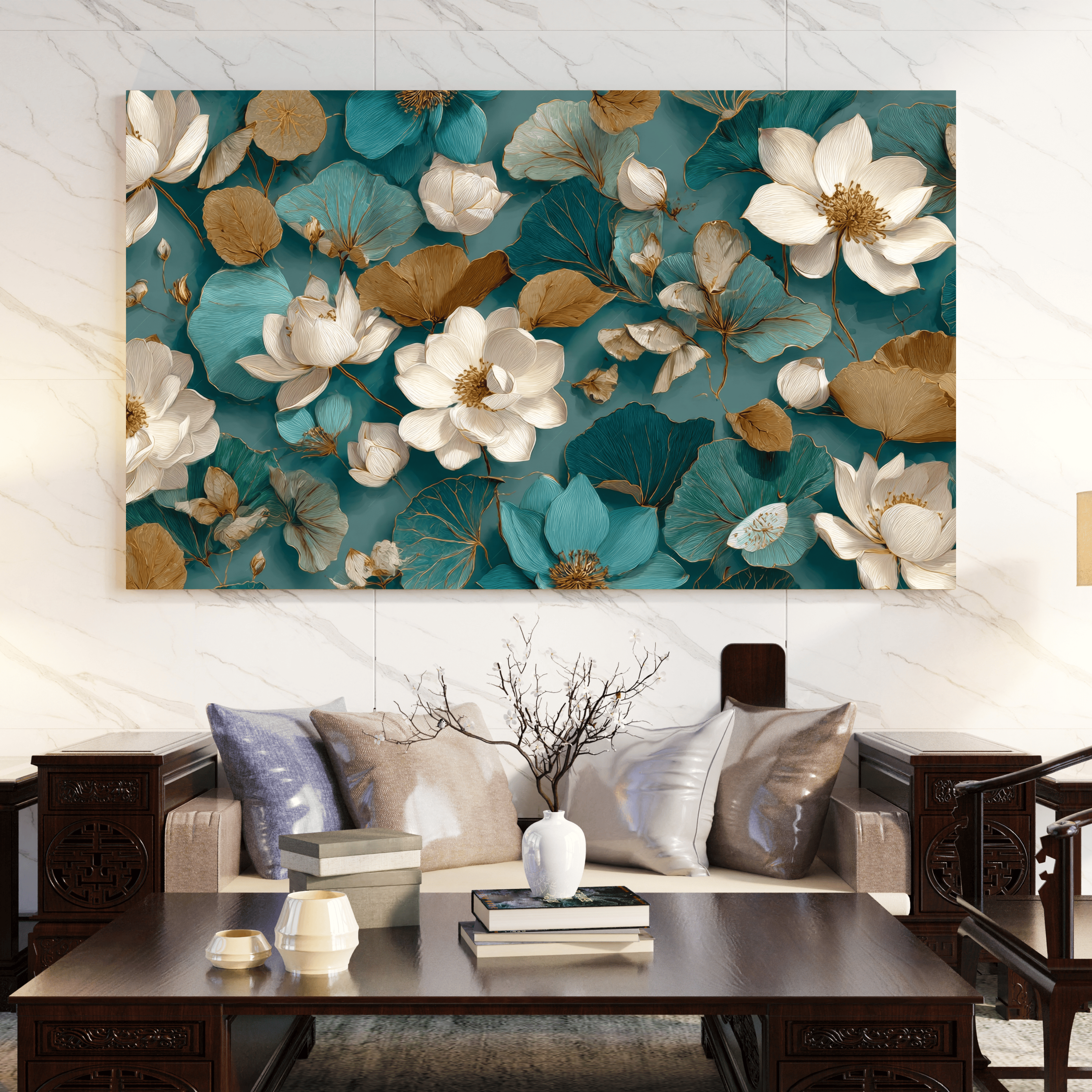 Tableau mural floral doré décoration salon moderne Algérie