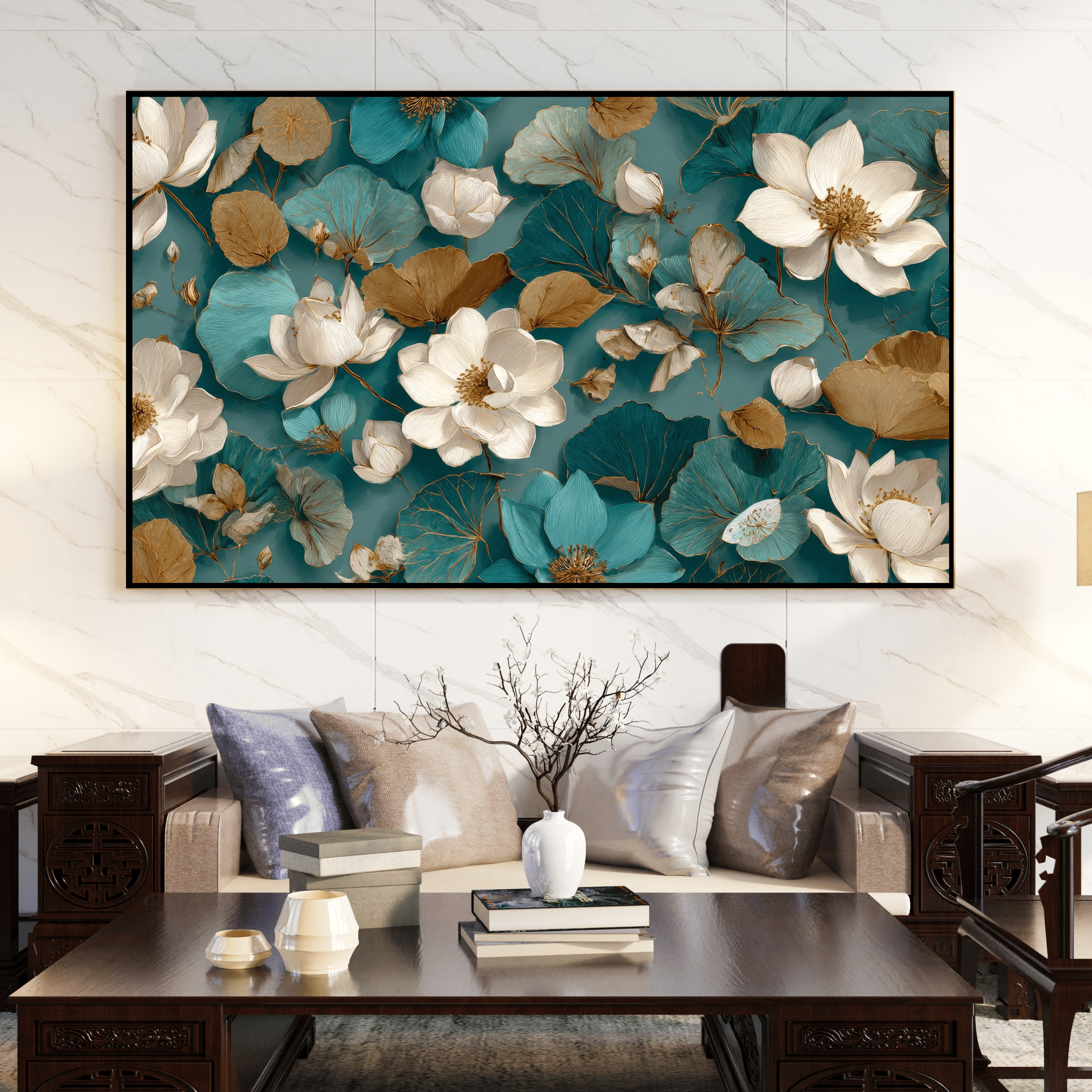 Tableau moderne floral or et bleu salon élégant Algérie