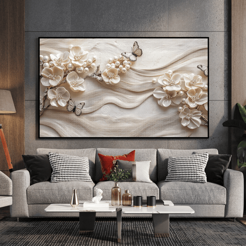 Tableau moderne floral or et bleu salon élégant Algérie