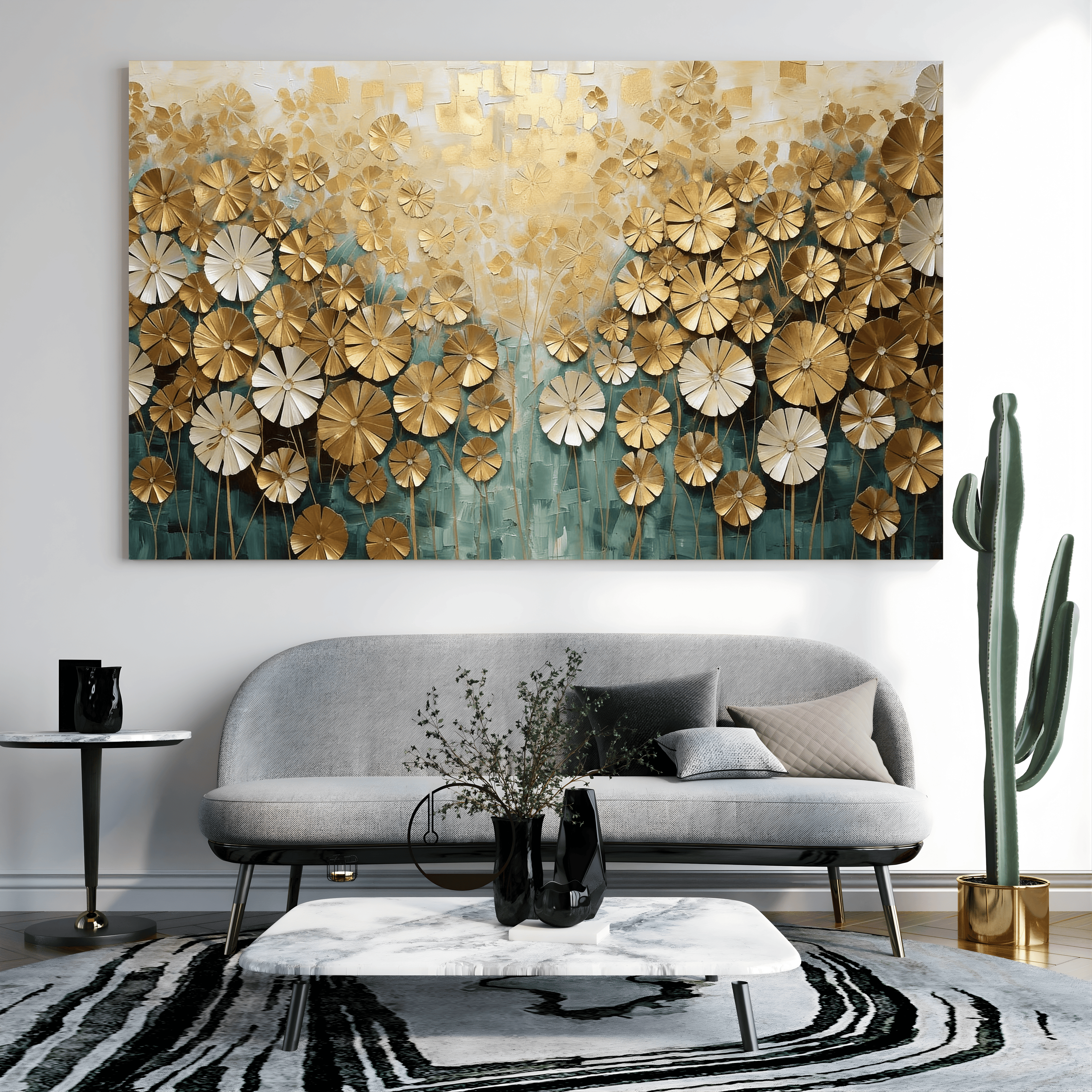 Toile artistique fleurs dorées design luxe intérieur Algérie