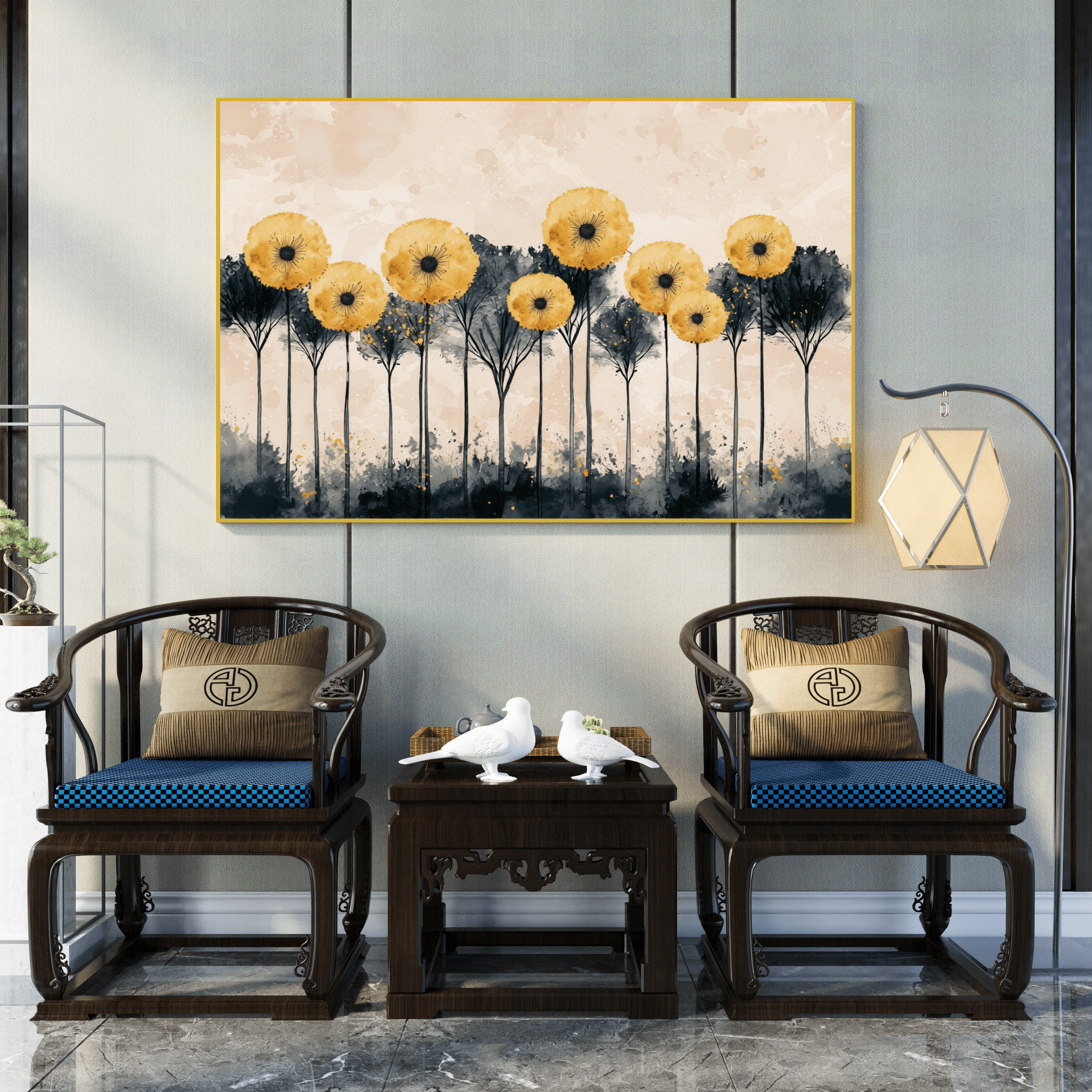 Tableau floral chic doré pour salon moderne Algérie