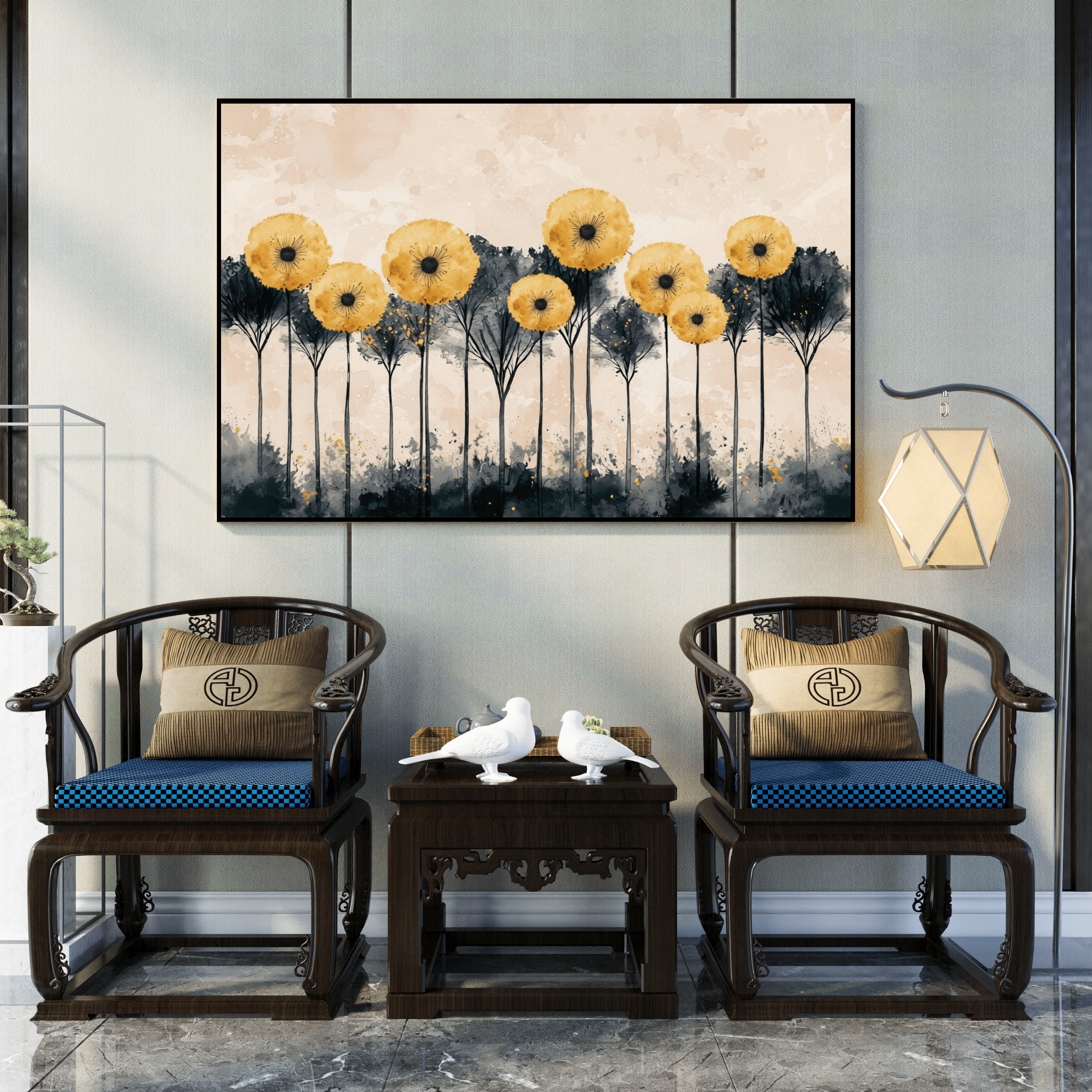 Tableau moderne floral or et bleu salon élégant Algérie