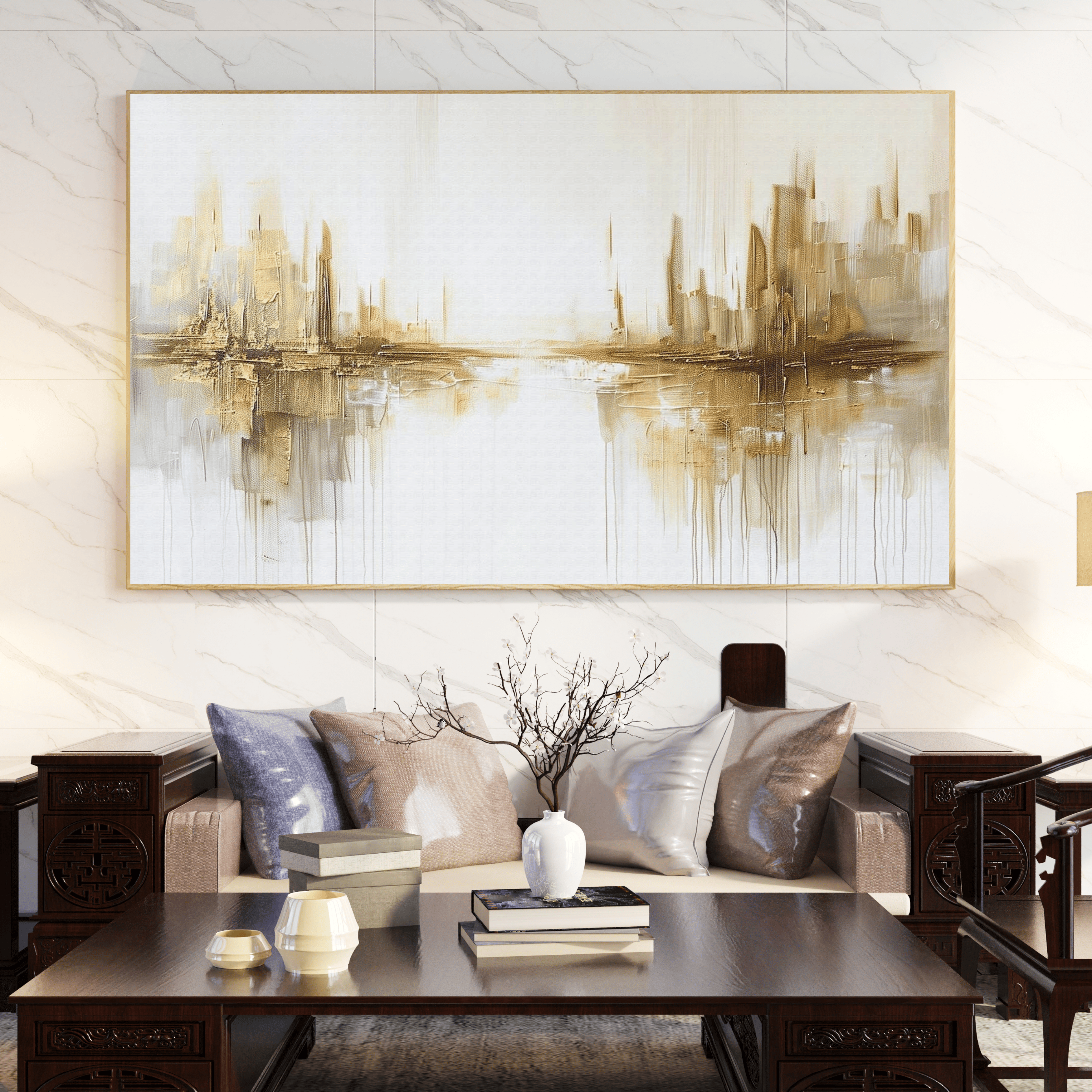 Toile murale fleurs abstraites dorées maison Algérie