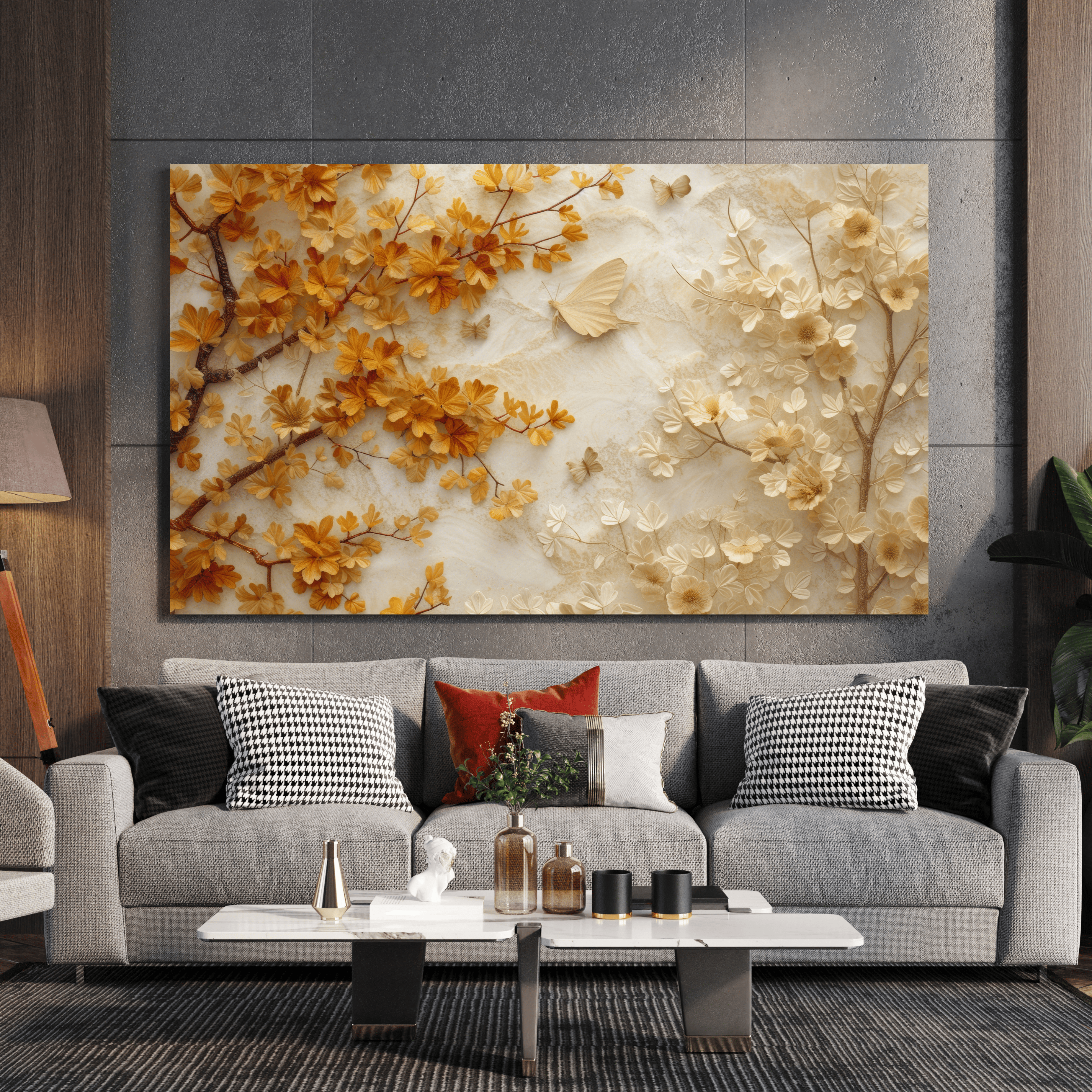 Toile murale fleurs abstraites dorées maison Algérie