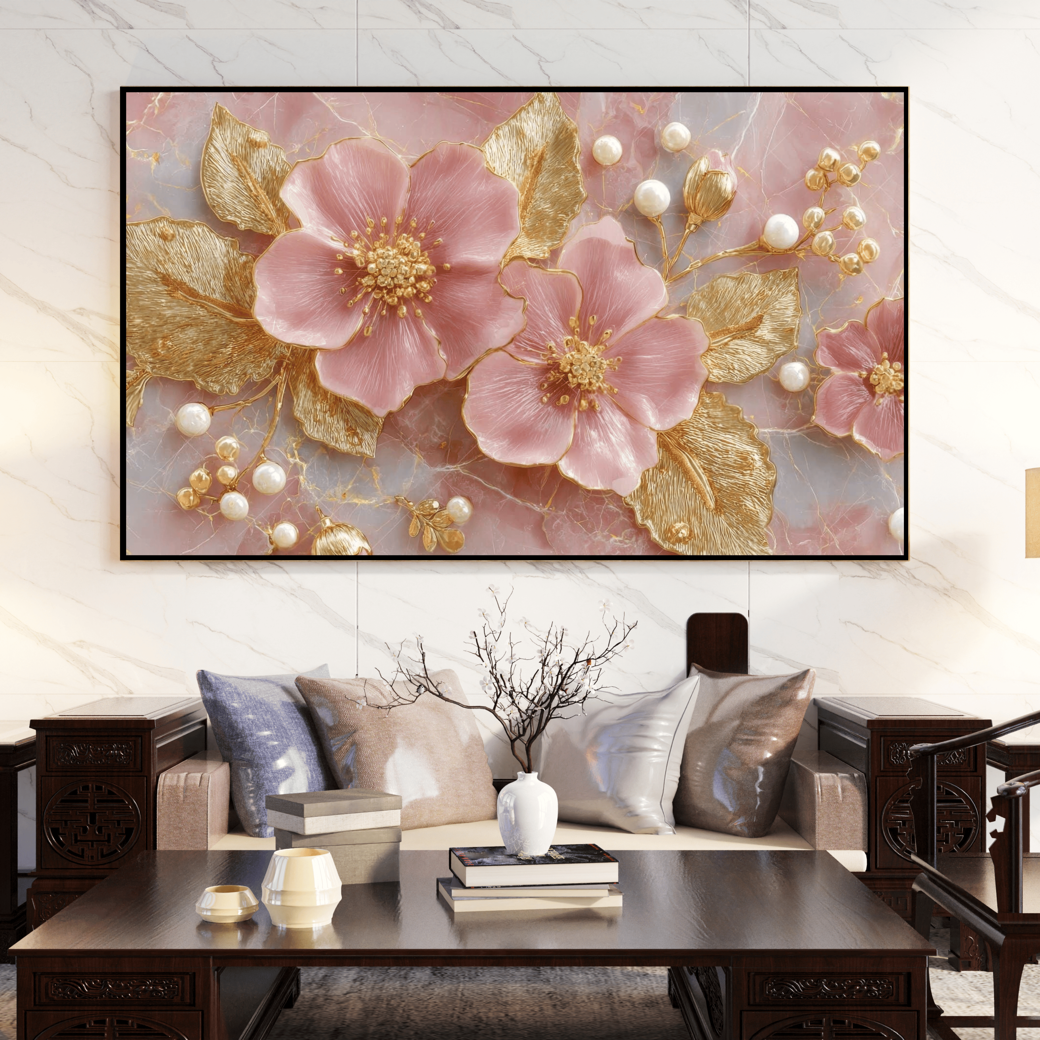 Tableau mural floral doré décoration salon moderne Algérie