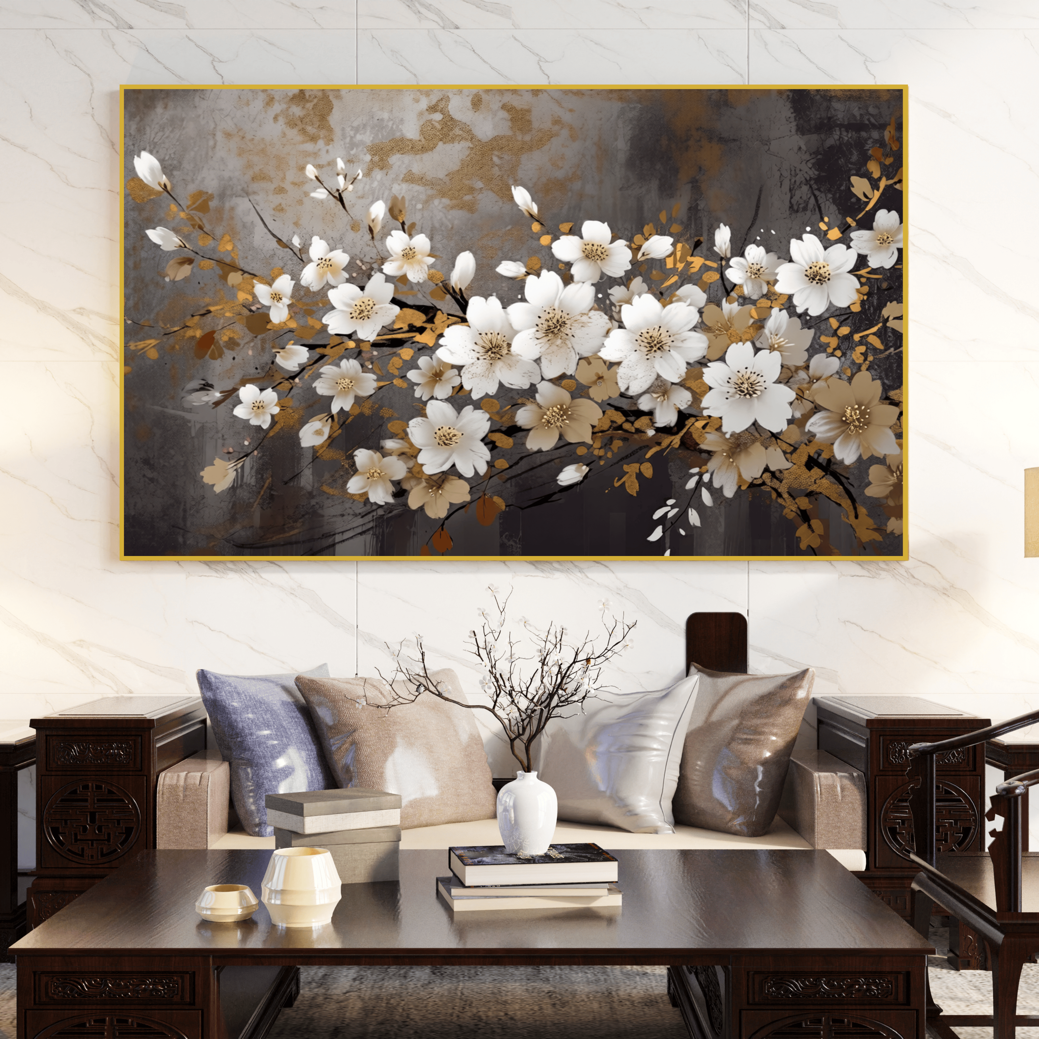 Décoration murale fleurs dorées style contemporain Algérie