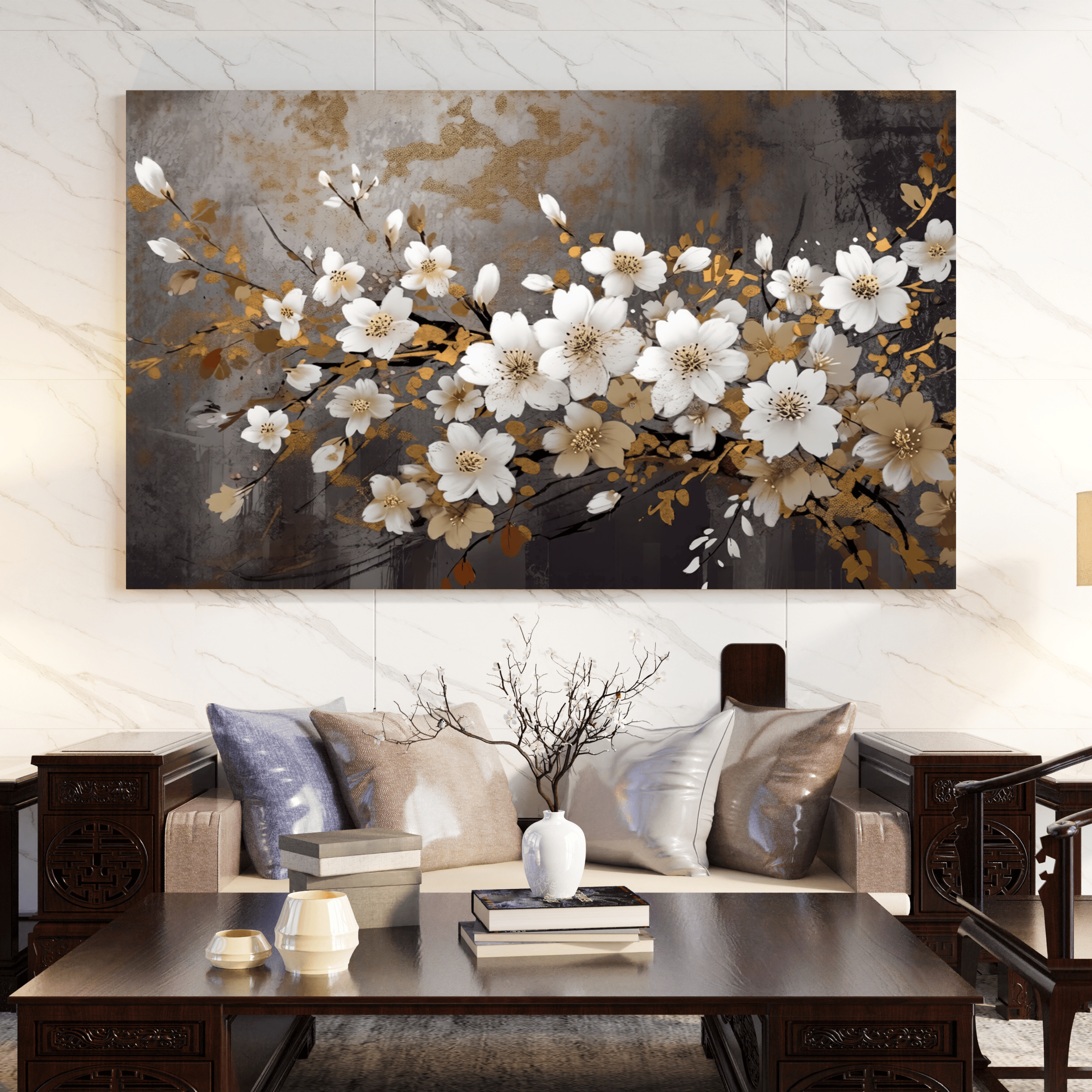 Tableau floral chic doré pour salon moderne Algérie