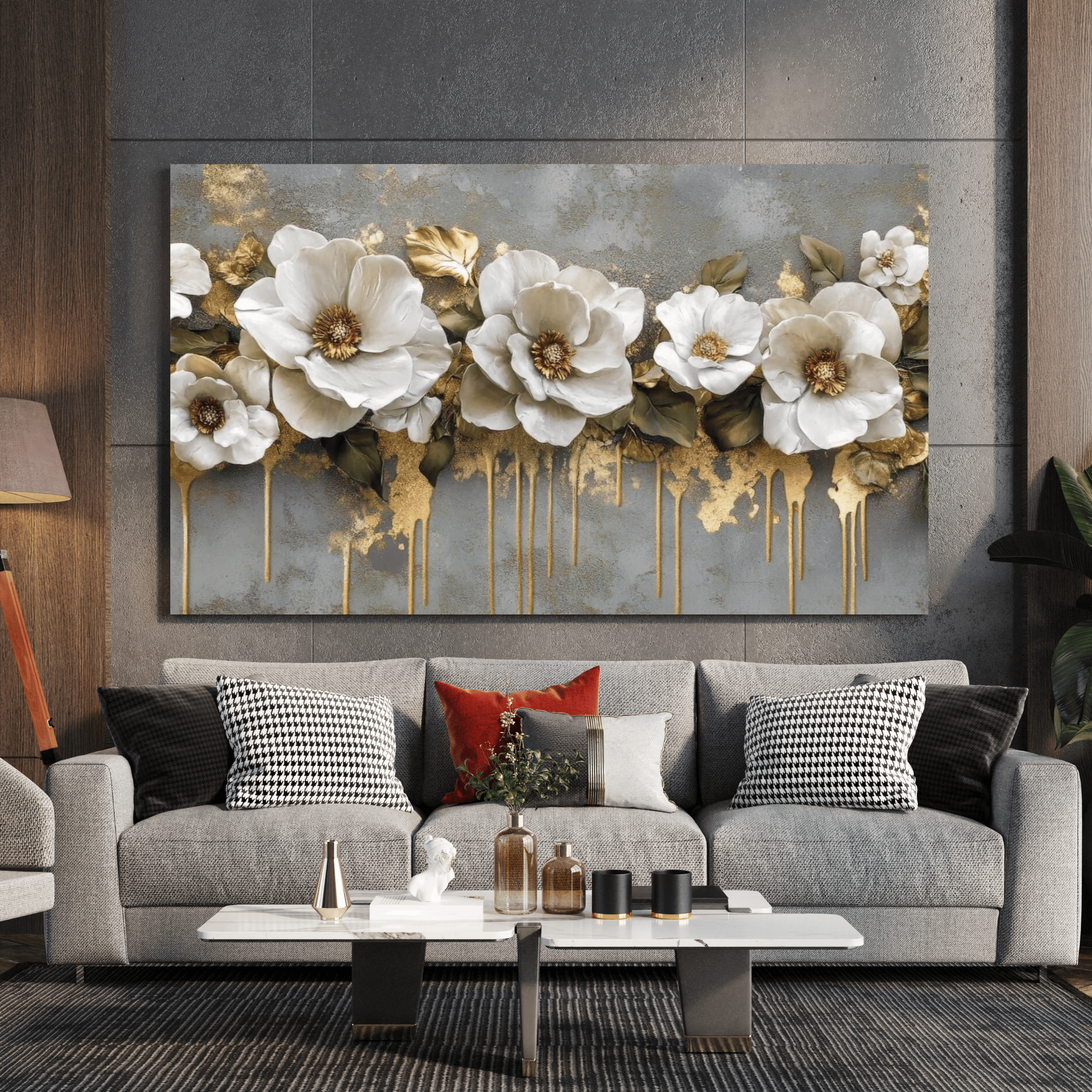 Tableau mural floral doré décoration salon moderne Algérie