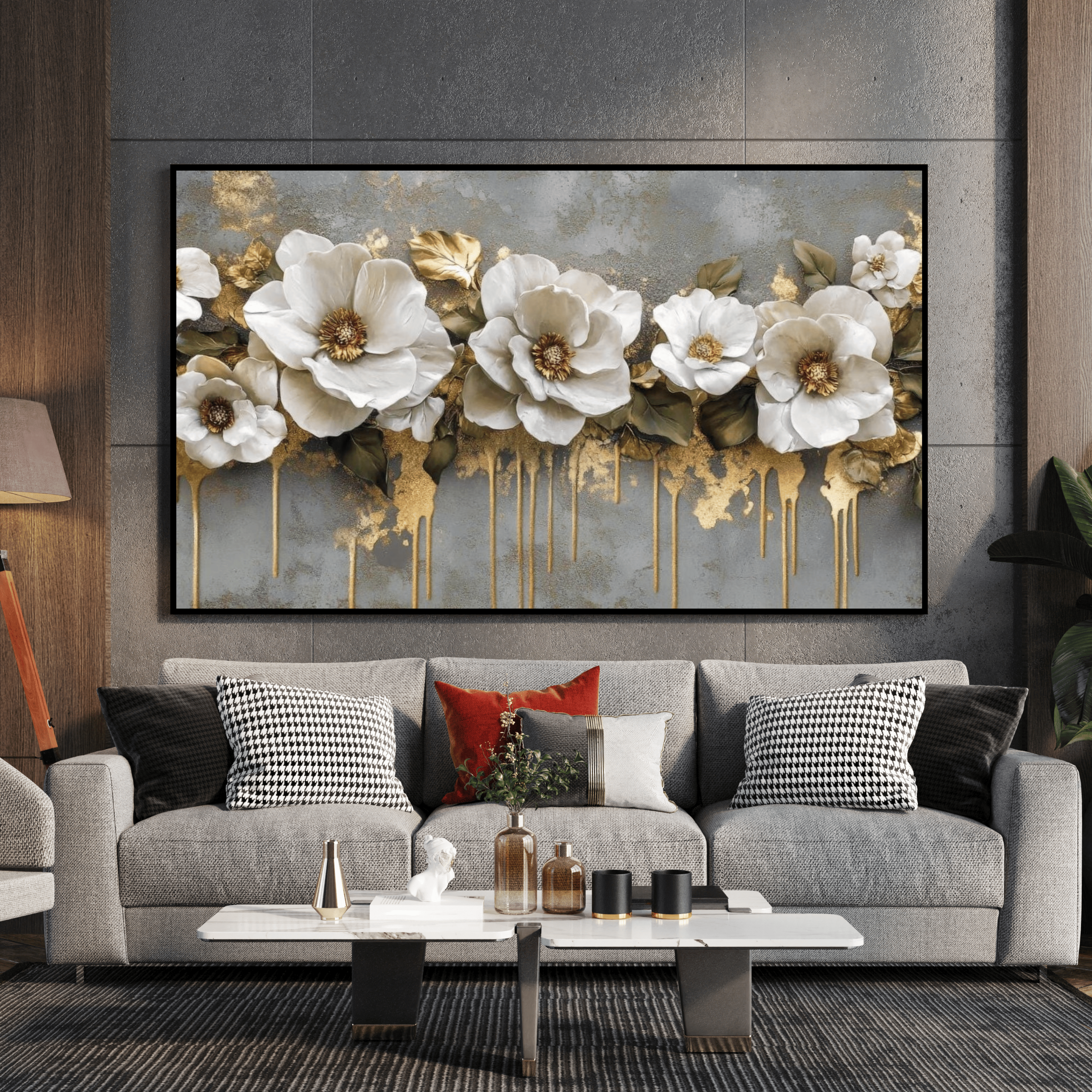 Tableau moderne floral or et bleu salon élégant Algérie