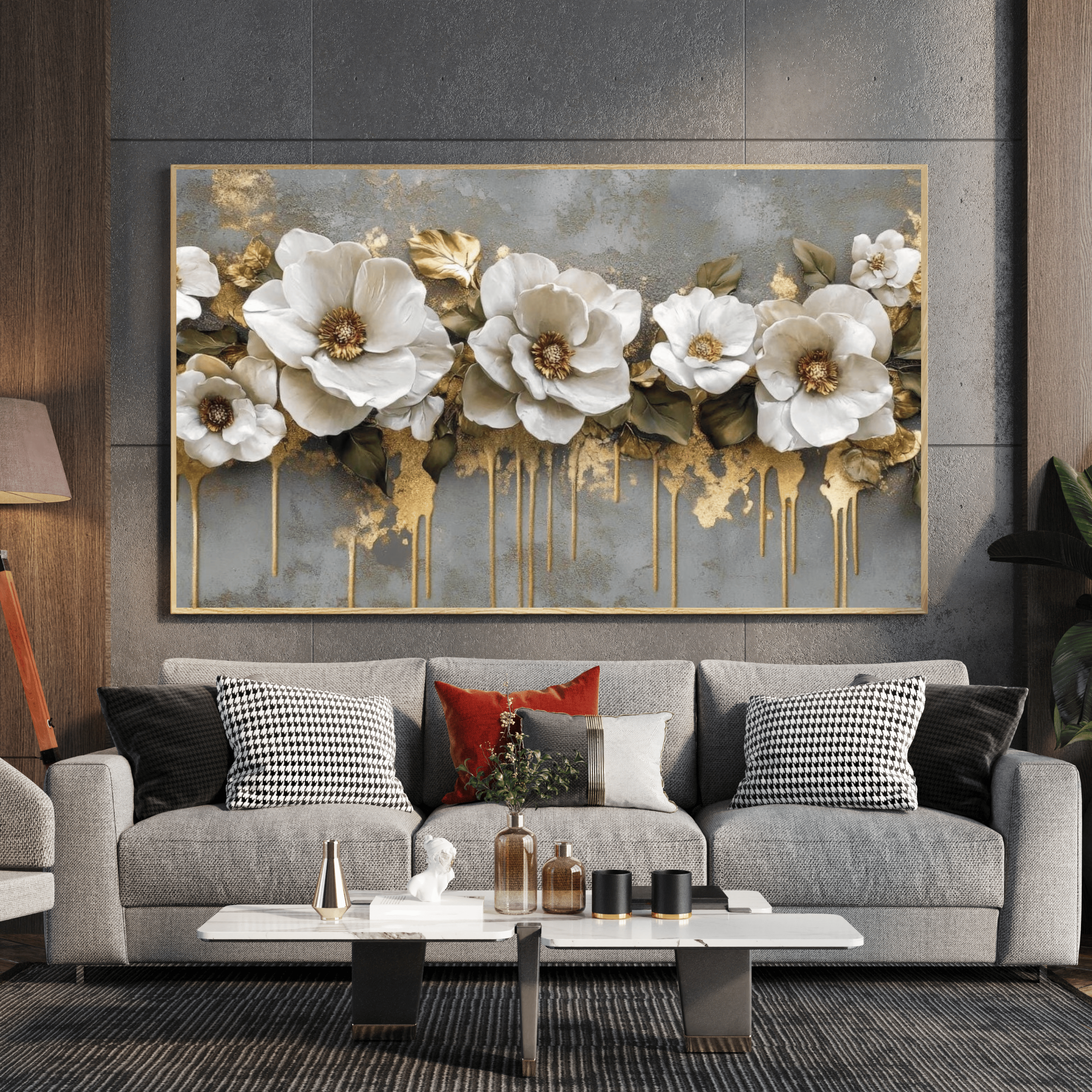 Toile artistique fleurs dorées design luxe intérieur Algérie