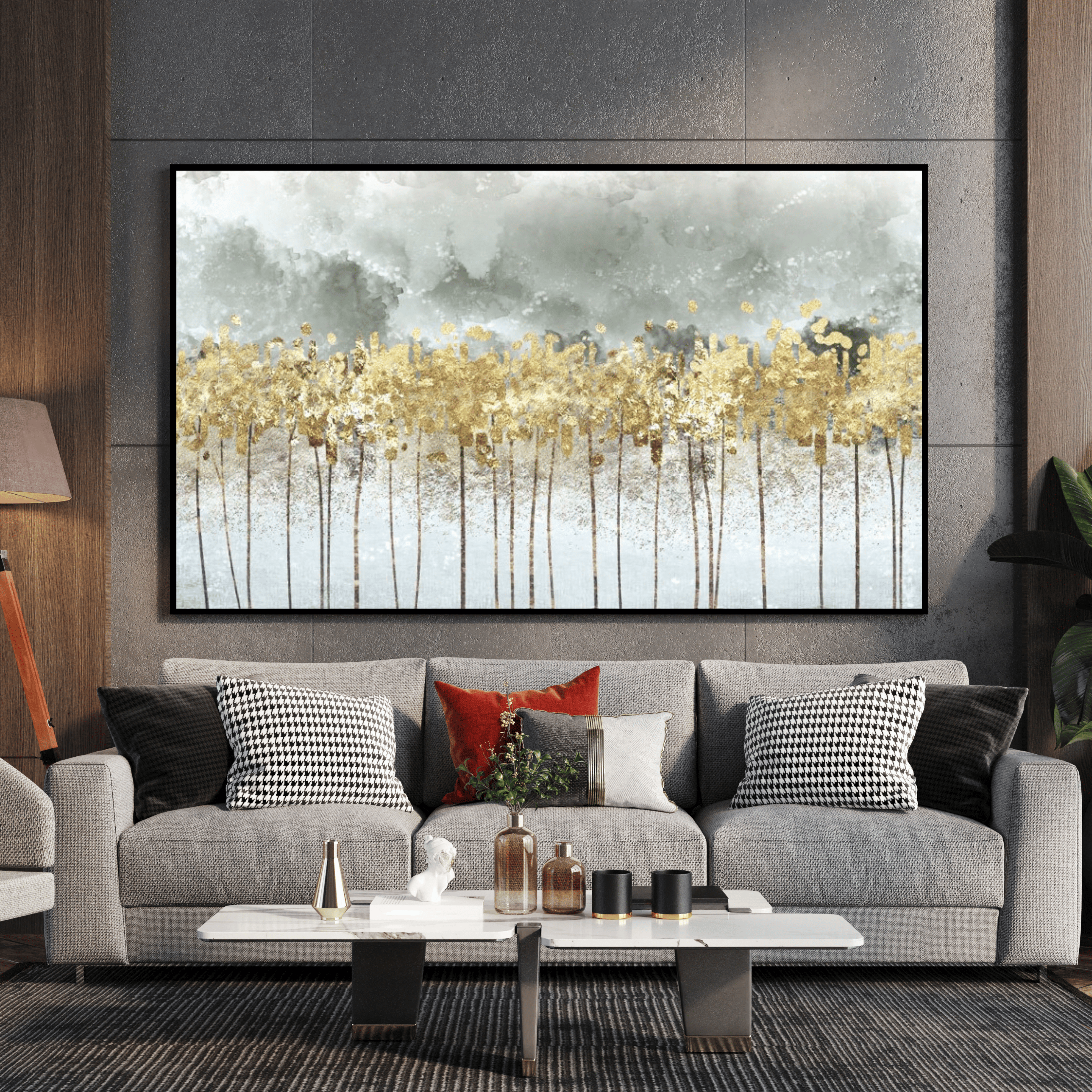 Toile artistique fleurs dorées design luxe intérieur Algérie