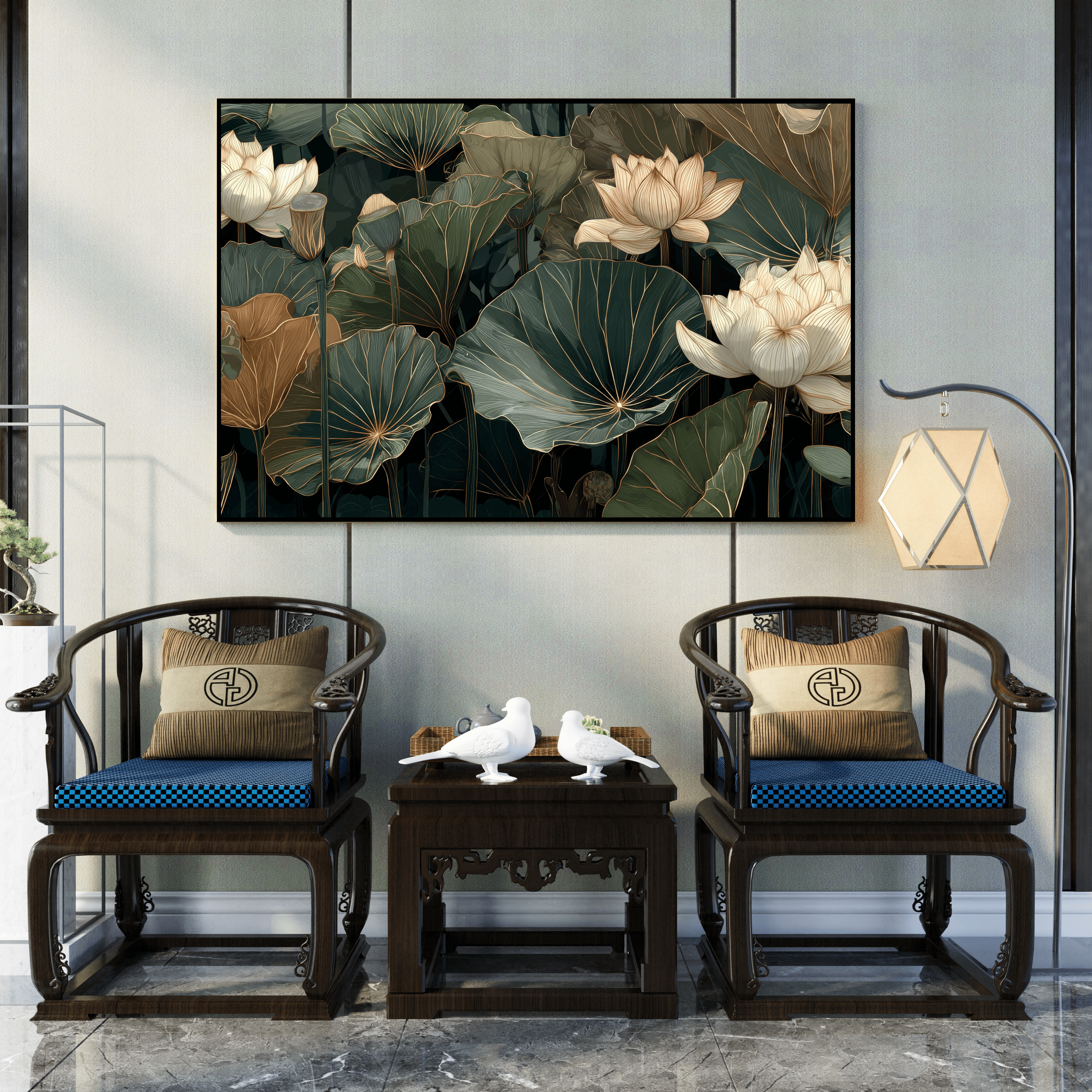 Toile artistique fleurs dorées design luxe intérieur Algérie