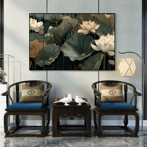 Toile artistique fleurs dorées design luxe intérieur Algérie